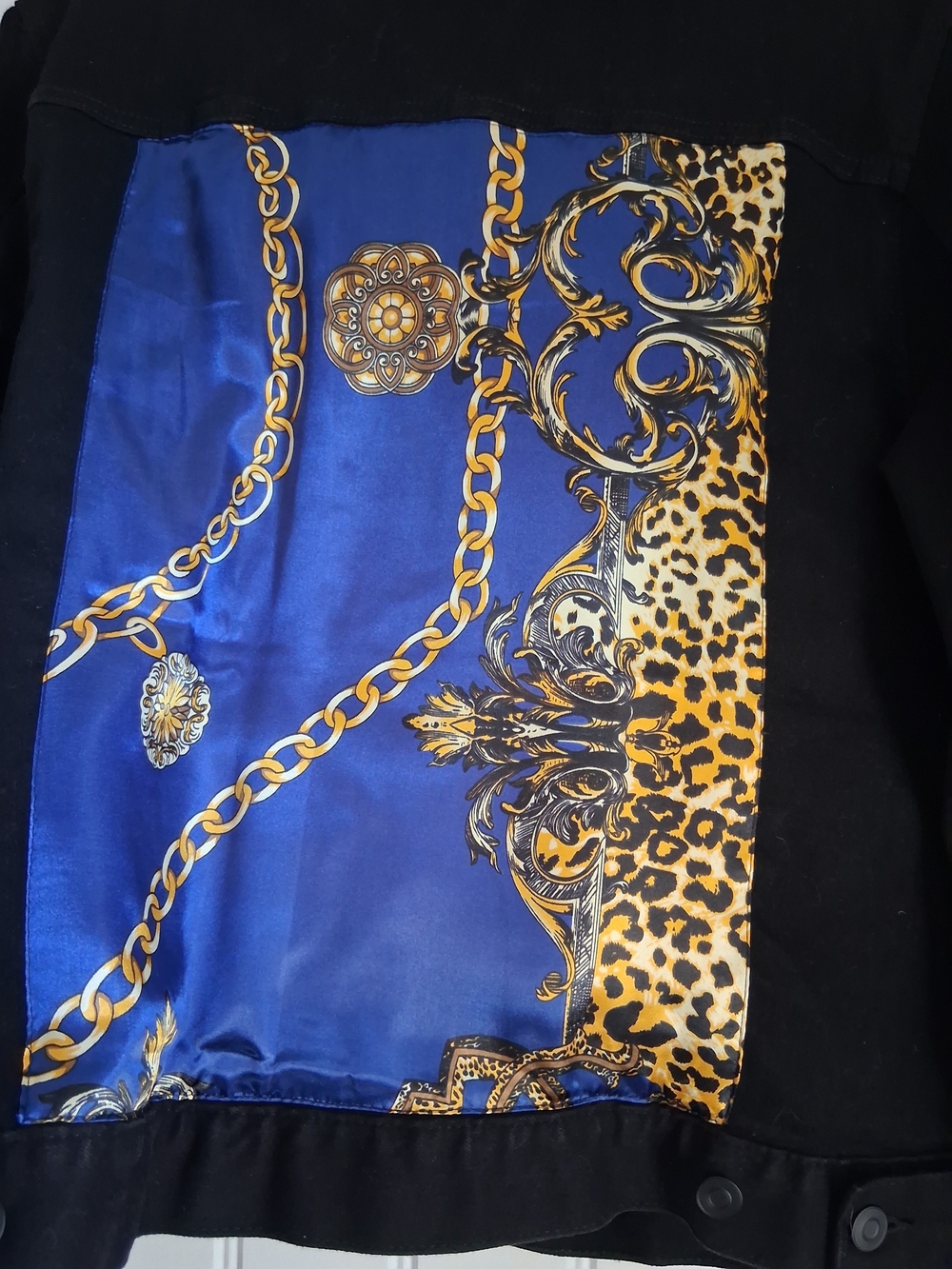 Black Jacket Blue & Gold Chain Print Silk Scarf Panel - Women Accessories